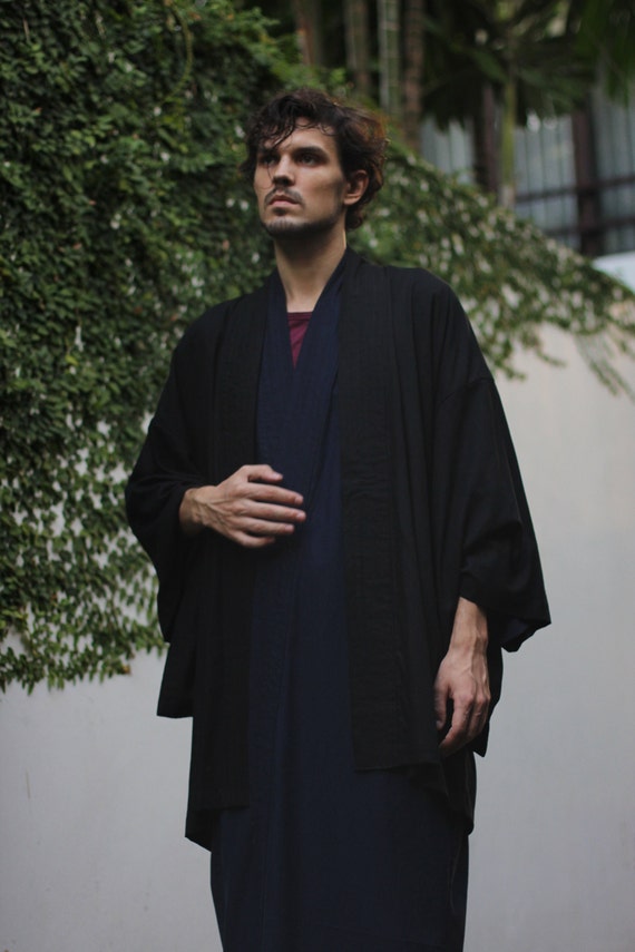 Black Linen Kimono Robe, Japanese Haori Style, Soft Blend