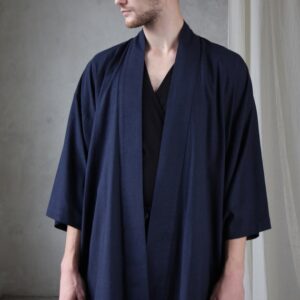 Men's Linen Kimono Robe, Japanese Haori Jacket, Soft Blend (95cm Length)