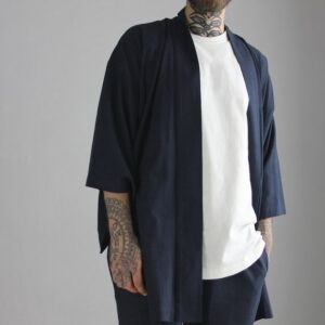 Men's Linen Kimono Robe, Japanese Haori Jacket, Soft Blend (95cm Length)