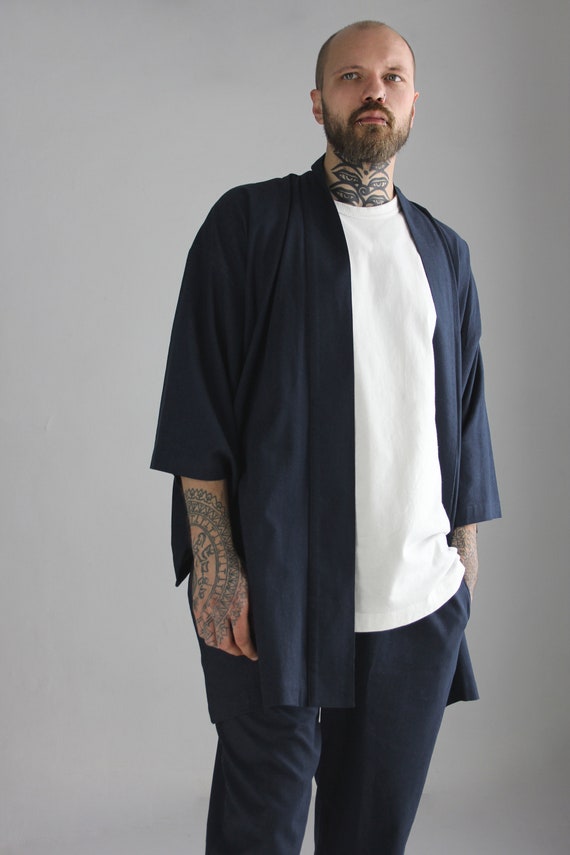 Men's Linen Kimono Robe, Japanese Haori Jacket, Soft Blend (95cm Length)