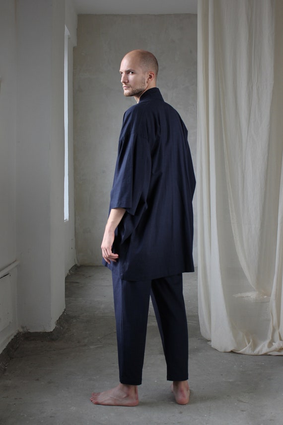 Men's Linen Kimono Robe, Japanese Haori Jacket, Soft Blend (95cm Length)
