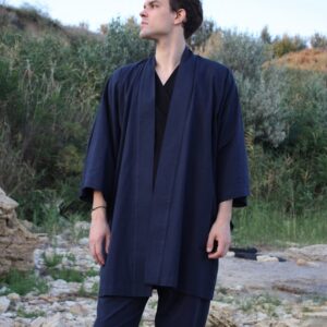 Men's Linen Kimono Robe, Japanese Haori Jacket, Soft Blend (95cm Length)