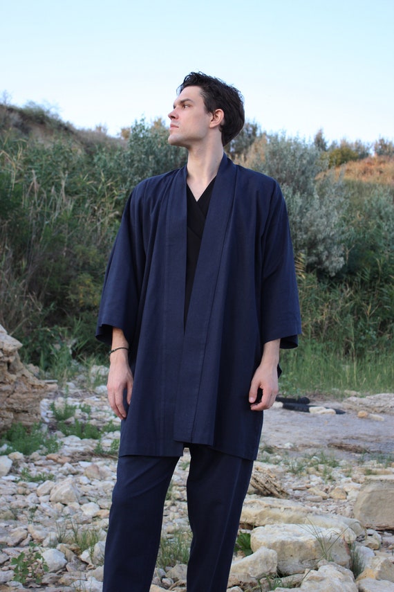 Men's Linen Kimono Robe, Japanese Haori Jacket, Soft Blend (95cm Length)