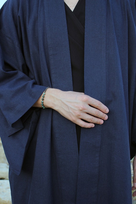 Men's Linen Kimono Robe, Japanese Haori Jacket, Soft Blend (95cm Length)