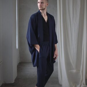 Men's Linen Kimono Robe, Japanese Haori Jacket, Soft Blend (95cm Length)