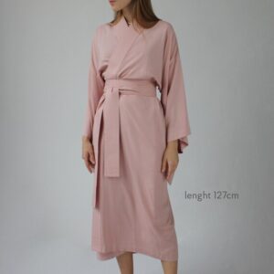 Pink Kimono Dress, Japanese Style Robe, Wide Collar, Matching Belt