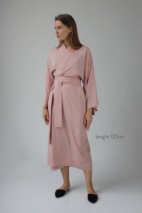Pink Kimono Dress, Japanese Style Robe, Wide Collar, Matching Belt