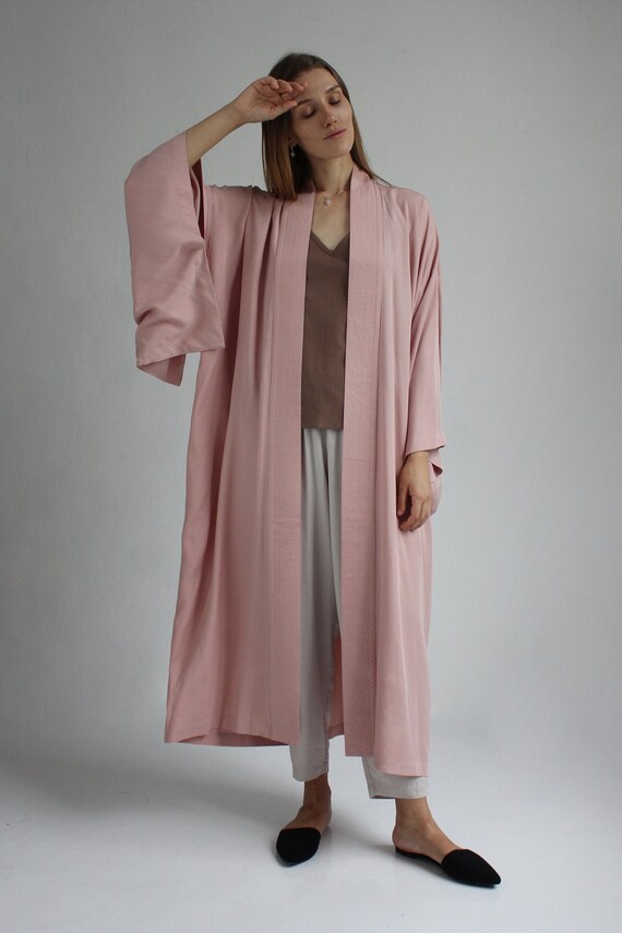 Pink Kimono Dress, Japanese Style Robe, Wide Collar, Matching Belt