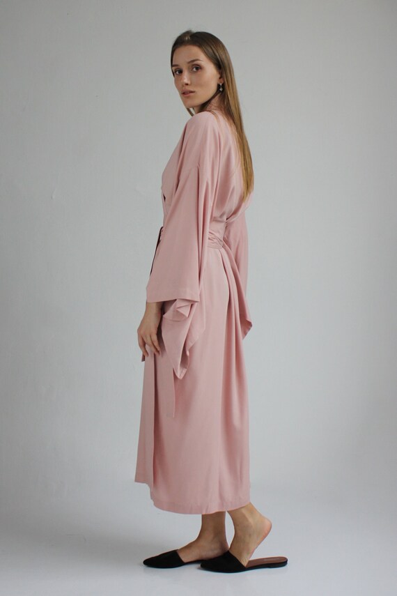 Pink Kimono Dress, Japanese Style Robe, Wide Collar, Matching Belt
