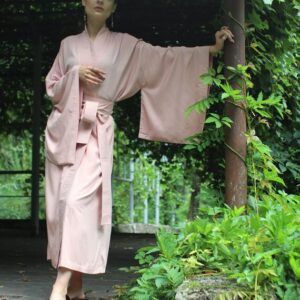Pink Kimono Dress, Japanese Style Robe, Wide Collar, Matching Belt