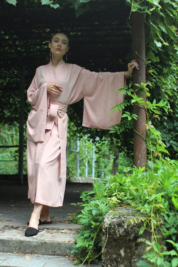 Pink Kimono Dress, Japanese Style Robe, Wide Collar, Matching Belt