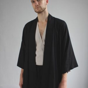 Black Linen Kimono Robe, Japanese Haori Style, Soft Blend