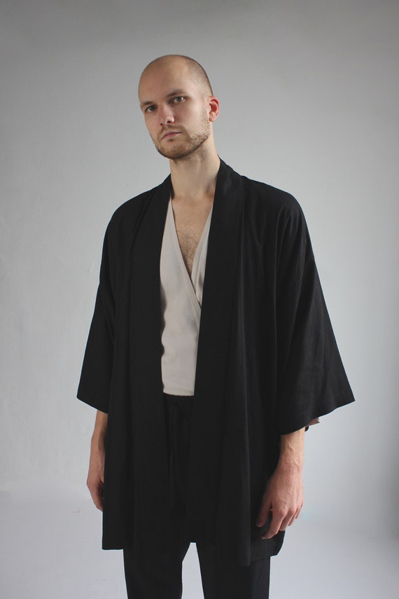 Black Linen Kimono Robe, Japanese Haori Style, Soft Blend