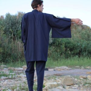 Men's Linen Kimono Robe, Japanese Haori Jacket, Soft Blend (95cm Length)