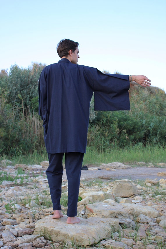 Men's Linen Kimono Robe, Japanese Haori Jacket, Soft Blend (95cm Length)