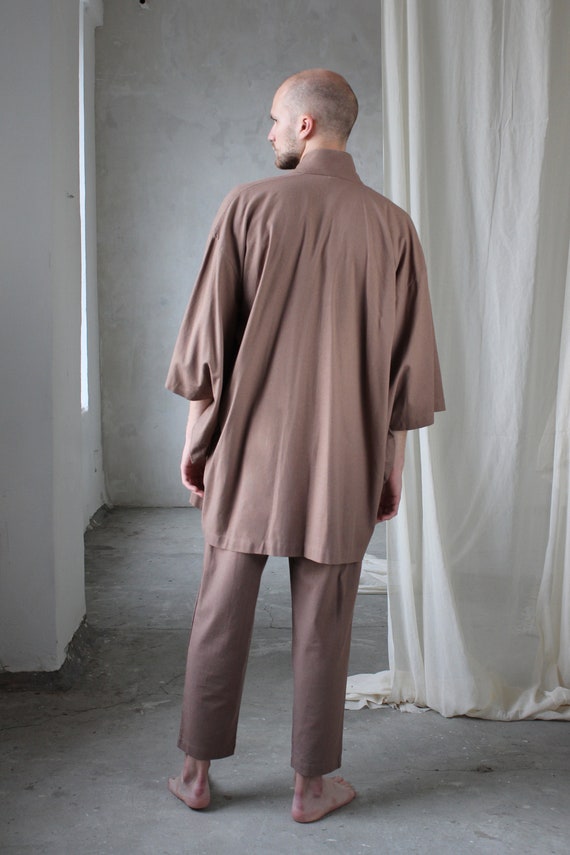 Linen Kimono Robe, Japanese Haori Jacket, Brown, Free Size, Unisex (95cm Length)