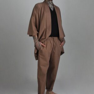 Linen Kimono Robe, Japanese Haori Jacket, Brown, Free Size, Unisex (95cm Length)