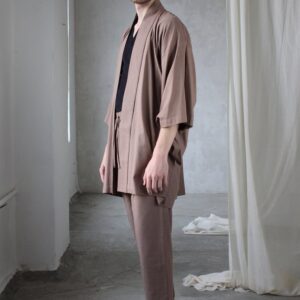 Linen Kimono Robe, Japanese Haori Jacket, Brown, Free Size, Unisex (95cm Length)