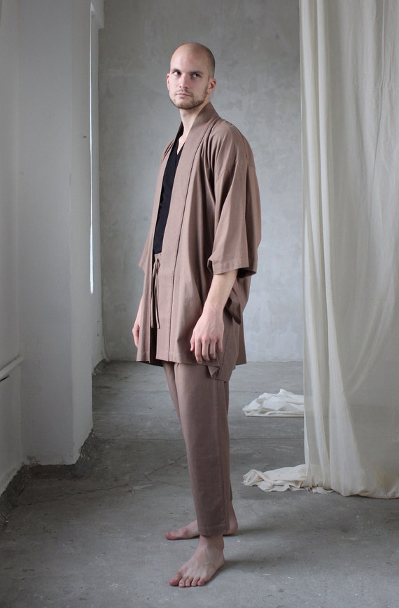 Linen Kimono Robe, Japanese Haori Jacket, Brown, Free Size, Unisex (95cm Length)