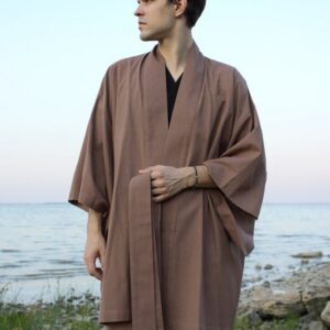 Linen Kimono Robe, Japanese Haori Jacket, Brown, Free Size, Unisex (95cm Length)