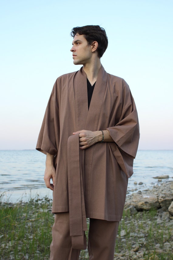 Linen Kimono Robe, Japanese Haori Jacket, Brown, Free Size, Unisex (95cm Length)