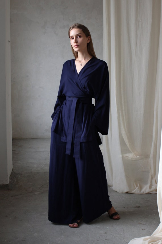 Wide Leg Pants Hand-dyed Rayon, High Waist Trousers, Adjustable Fit