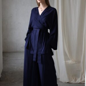 Dark Blue Kimono Blouse, Wide Sleeves, Side Slits, Asian Style Wrap Shirt, Rayon