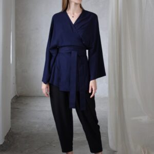 Dark Blue Kimono Blouse, Wide Sleeves, Side Slits, Asian Style Wrap Shirt, Rayon