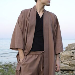 Linen Kimono Robe, Japanese Haori Jacket, Brown, Free Size, Unisex (95cm Length)