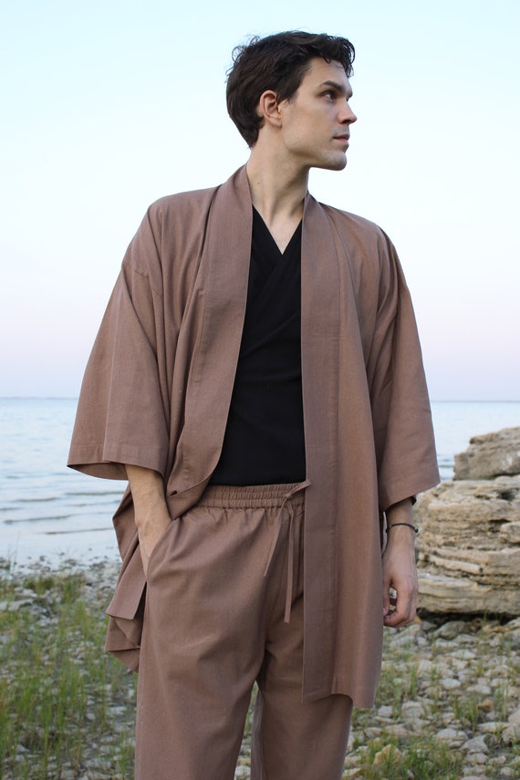 Linen Kimono Robe, Japanese Haori Jacket, Brown, Free Size, Unisex (95cm Length)