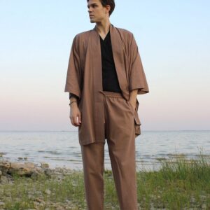 Linen Kimono Robe, Japanese Haori Jacket, Brown, Free Size, Unisex (95cm Length)