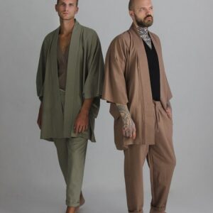 Linen Kimono Robe, Japanese Haori Jacket, Brown, Free Size, Unisex (95cm Length)