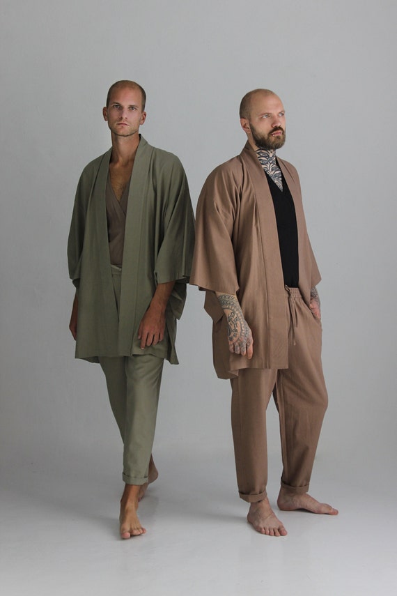 Linen Kimono Robe, Japanese Haori Jacket, Brown, Free Size, Unisex (95cm Length)