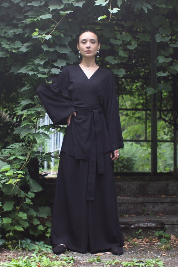 Wide Leg Pants Hand-dyed Rayon, High Waist Trousers, Adjustable Fit