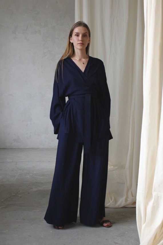 Wide Leg Pants Hand-dyed Rayon, High Waist Trousers, Adjustable Fit
