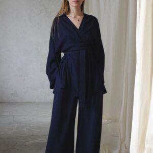 Dark Blue Kimono Blouse, Wide Sleeves, Side Slits, Asian Style Wrap Shirt, Rayon