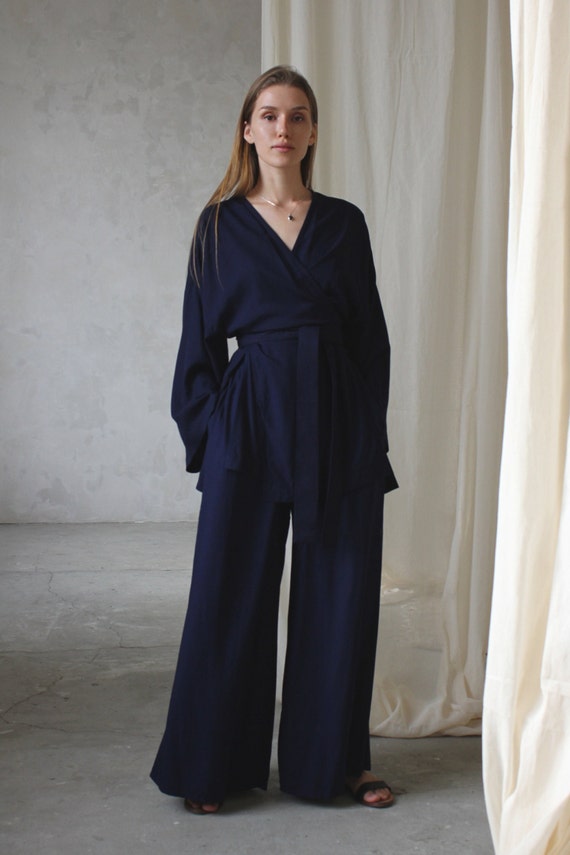 Dark Blue Kimono Blouse, Wide Sleeves, Side Slits, Asian Style Wrap Shirt, Rayon