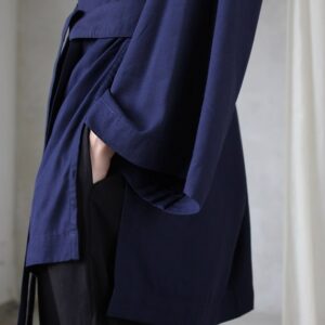 Dark Blue Kimono Blouse, Wide Sleeves, Side Slits, Asian Style Wrap Shirt, Rayon