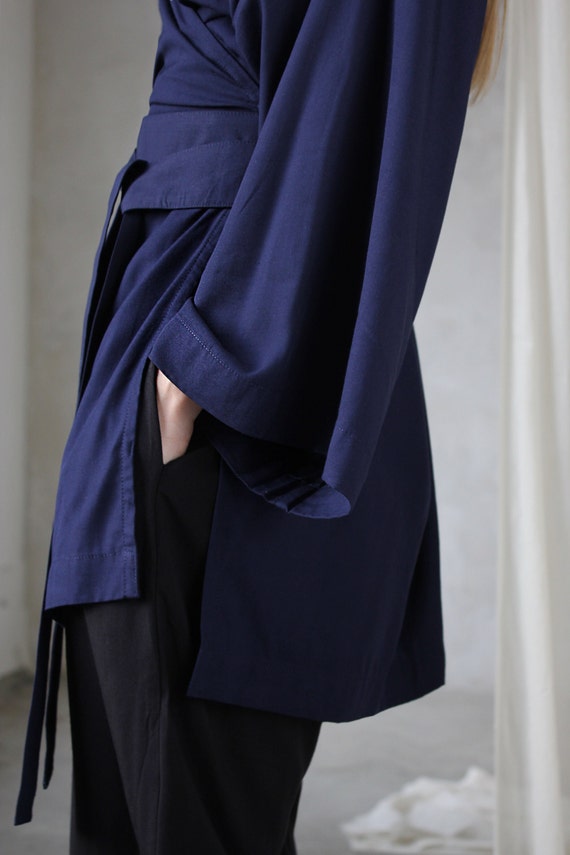 Dark Blue Kimono Blouse, Wide Sleeves, Side Slits, Asian Style Wrap Shirt, Rayon