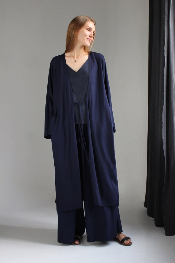 Dark Blue Kimono Blouse, Wide Sleeves, Side Slits, Asian Style Wrap Shirt, Rayon