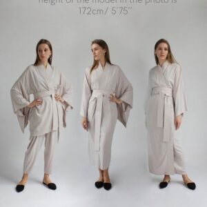 Red Rayon Kimono Dress, Japanese Style Robe, Wide Collar, Matching Belt