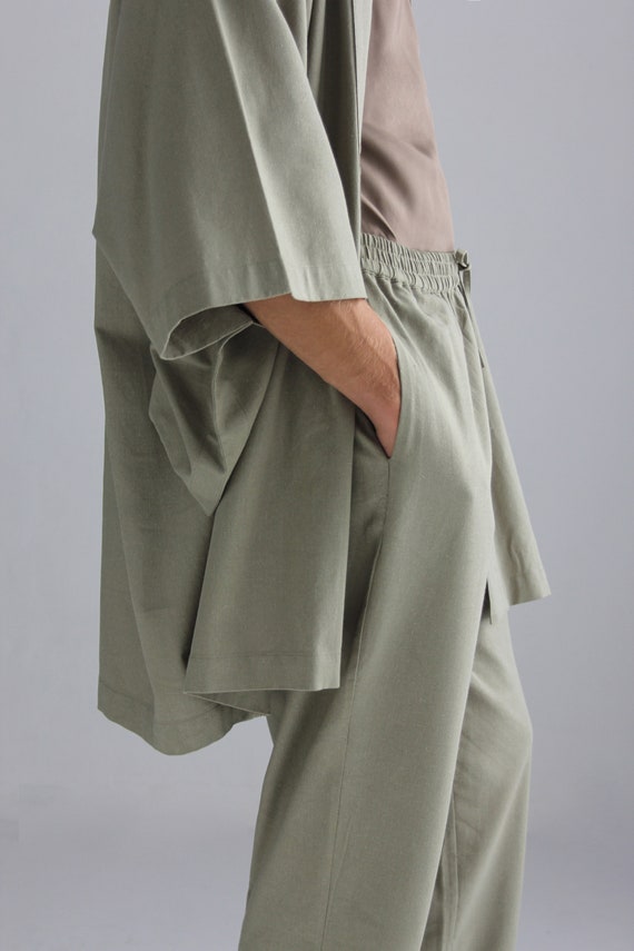 Men's Linen Blend Casual Cargo Pants, Elastic Waist Trousers