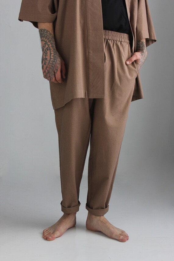 Men's Linen Blend Casual Cargo Pants, Elastic Waist Trousers