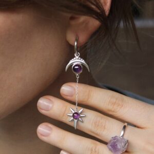 Moonstone 925 Sterling Silver Earrings, Natural Stone Earrings, Moon and star shape