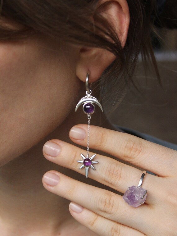 Moonstone 925 Sterling Silver Earrings, Natural Stone Earrings, Moon and star shape