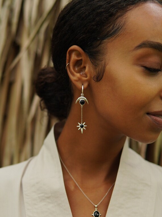 Moonstone 925 Sterling Silver Earrings, Natural Stone Earrings, Moon and star shape