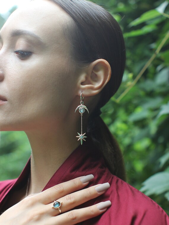 Moonstone 925 Sterling Silver Earrings, Natural Stone Earrings, Moon and star shape