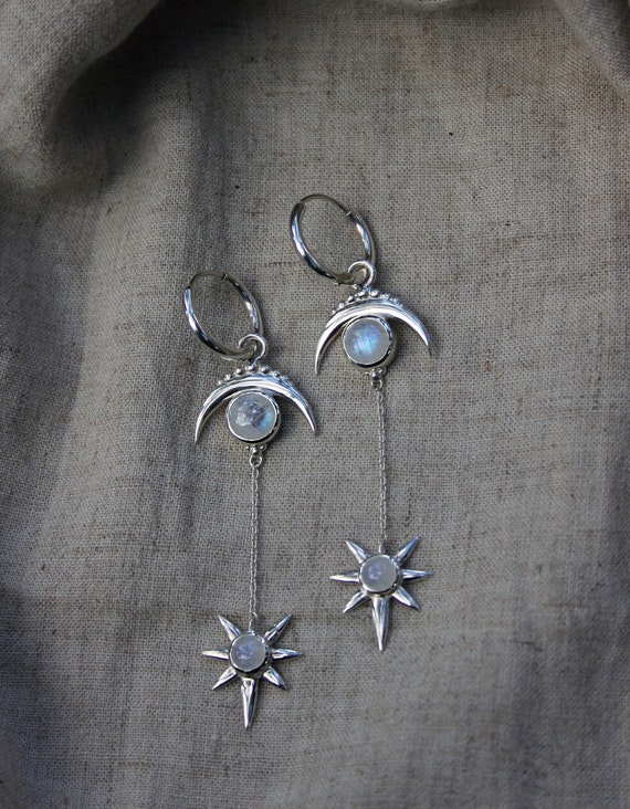 Moonstone 925 Sterling Silver Earrings, Natural Stone Earrings, Moon and star shape