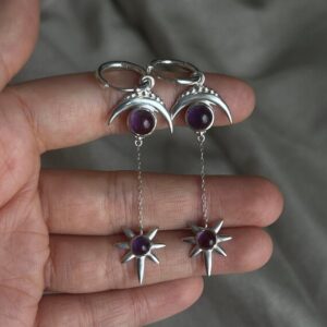 Moonstone 925 Sterling Silver Earrings, Natural Stone Earrings, Moon and star shape