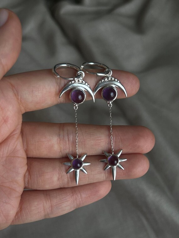 Moonstone 925 Sterling Silver Earrings, Natural Stone Earrings, Moon and star shape